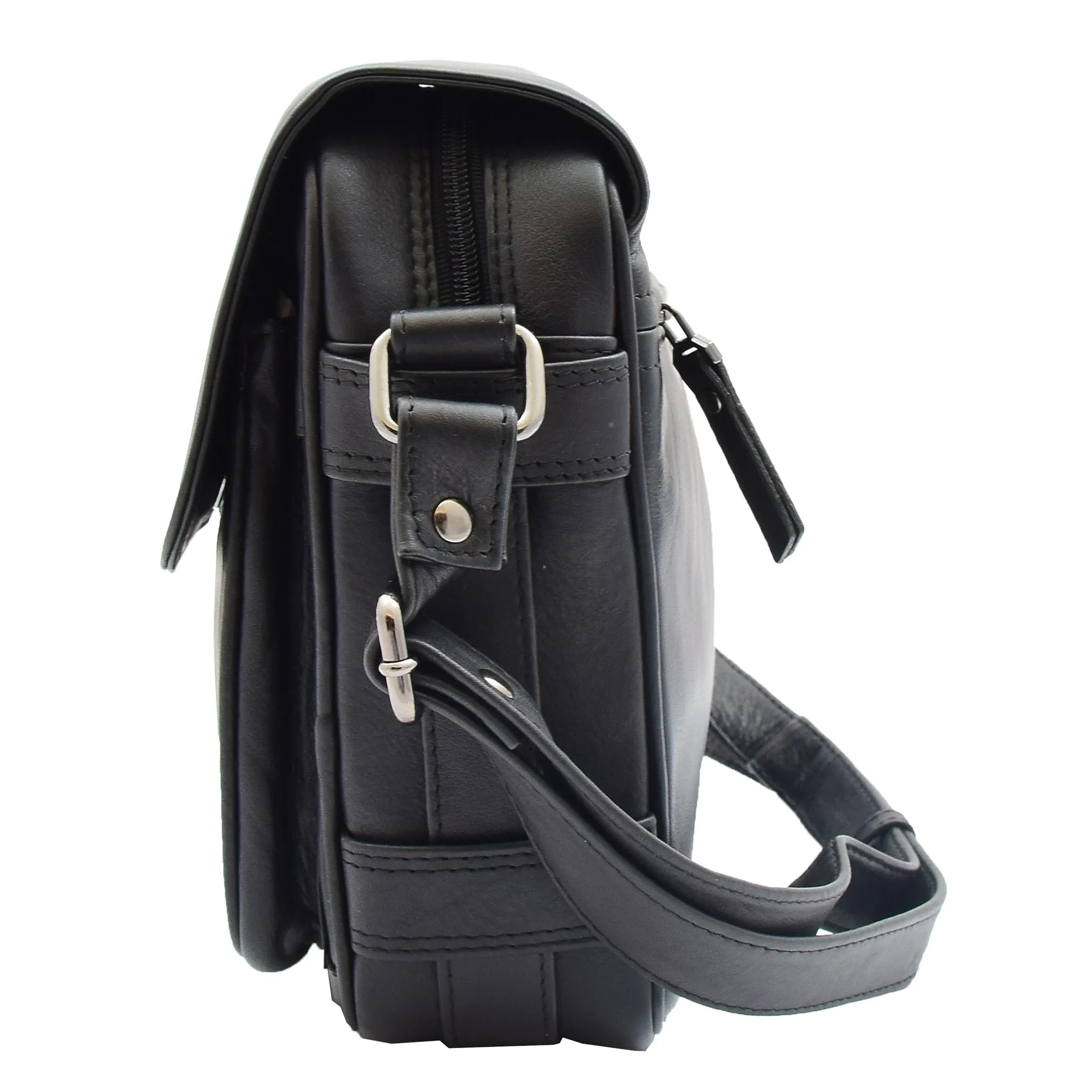 Womens Cross Body Real Leather Messenger Bag Flap Over Organiser HOL325 Black